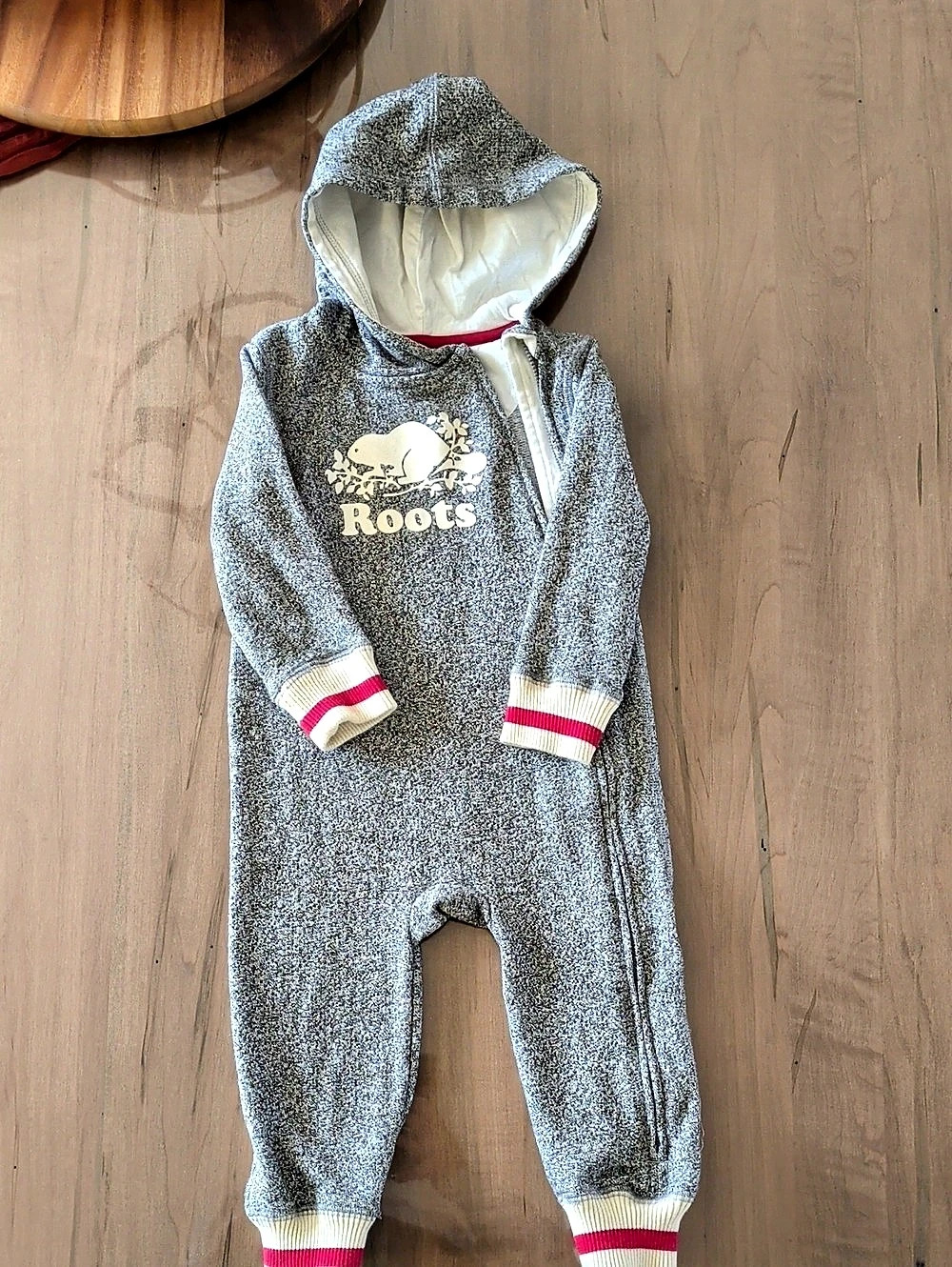 Roots Cabin Fleece Baby Hooded Romper Gray & Red 18-24M